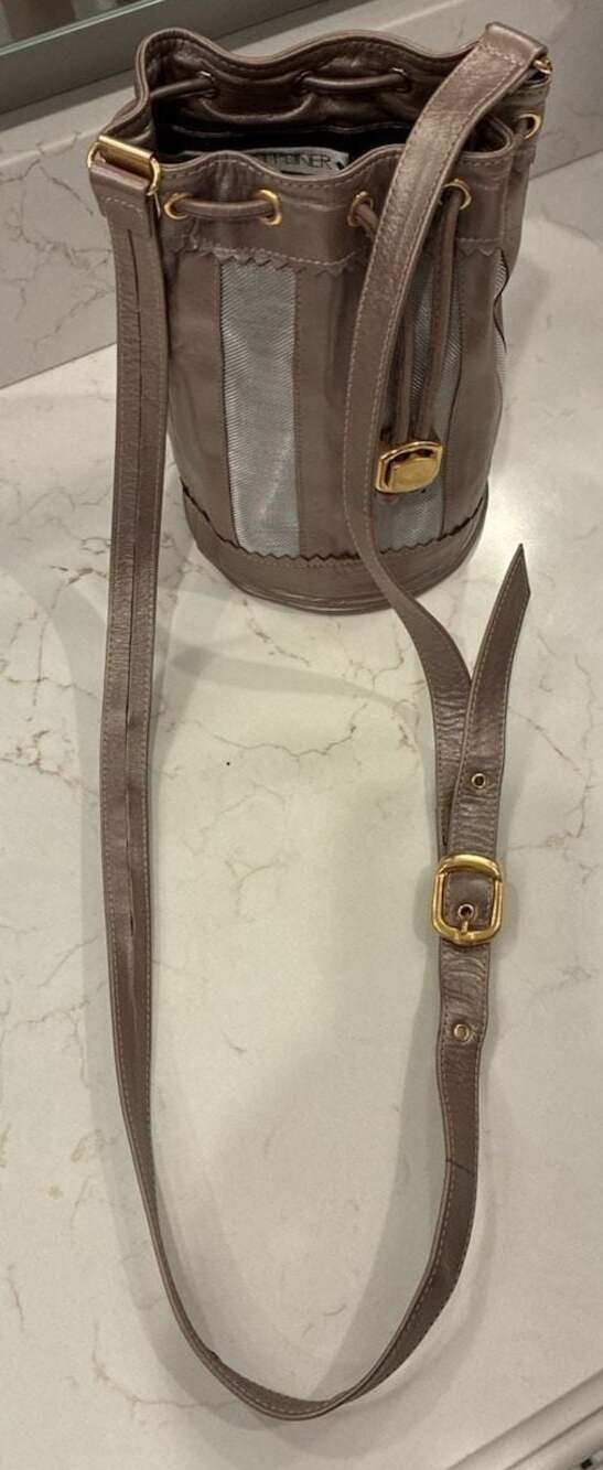 Donald J Pliner Metallic Leather and Mesh Drawstring Bucket Bag Made in Spain - Picture 5 of 6